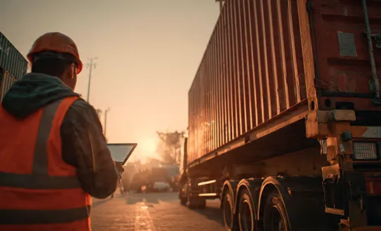 cargo truck delivering container at destination warehouse